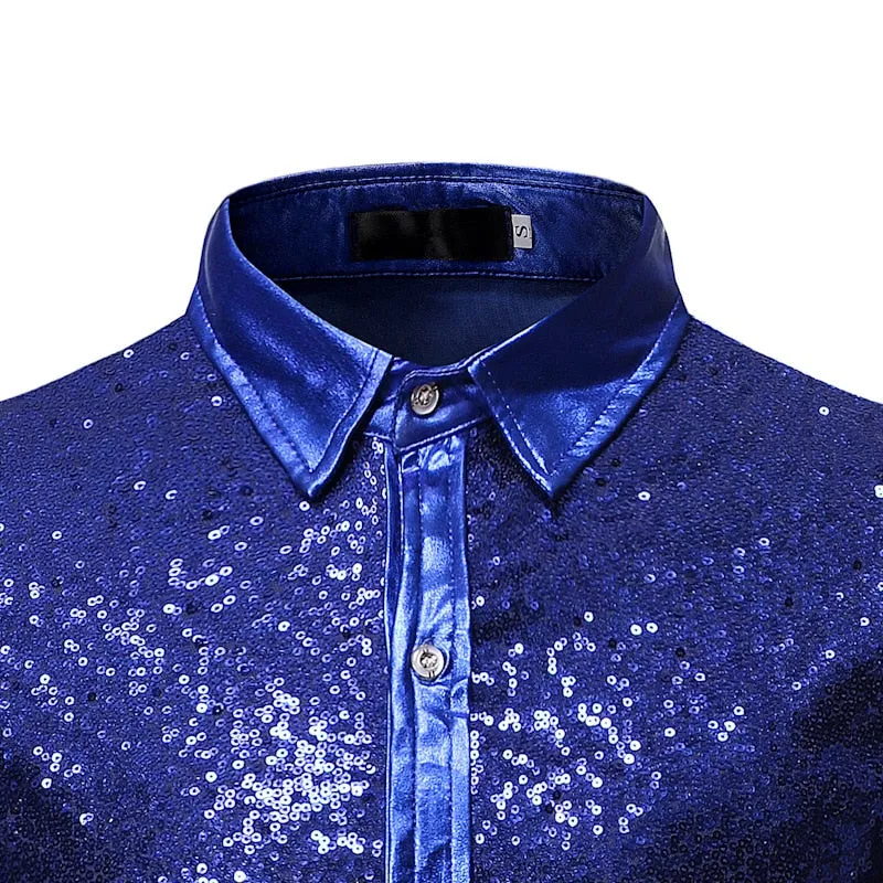 Men's Hip Hop Style Shiny Sequins Slim Fit Long Sleeve Dress Shirt