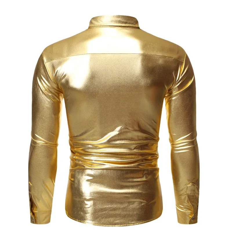 Men's Hip Hop Style Shiny Sequins Slim Fit Long Sleeve Dress Shirt