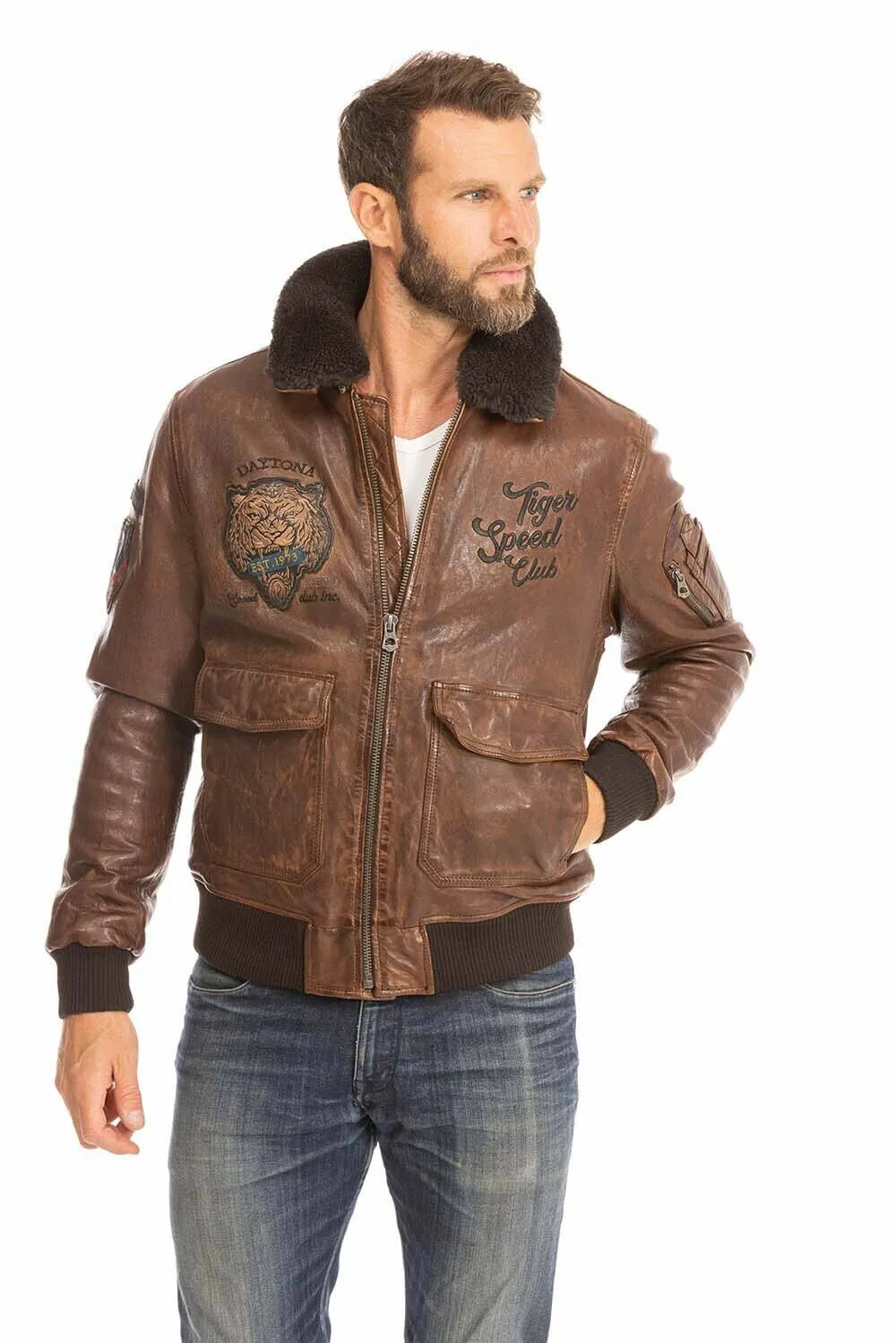 Men's leather jacket in cognac aviator style 102421