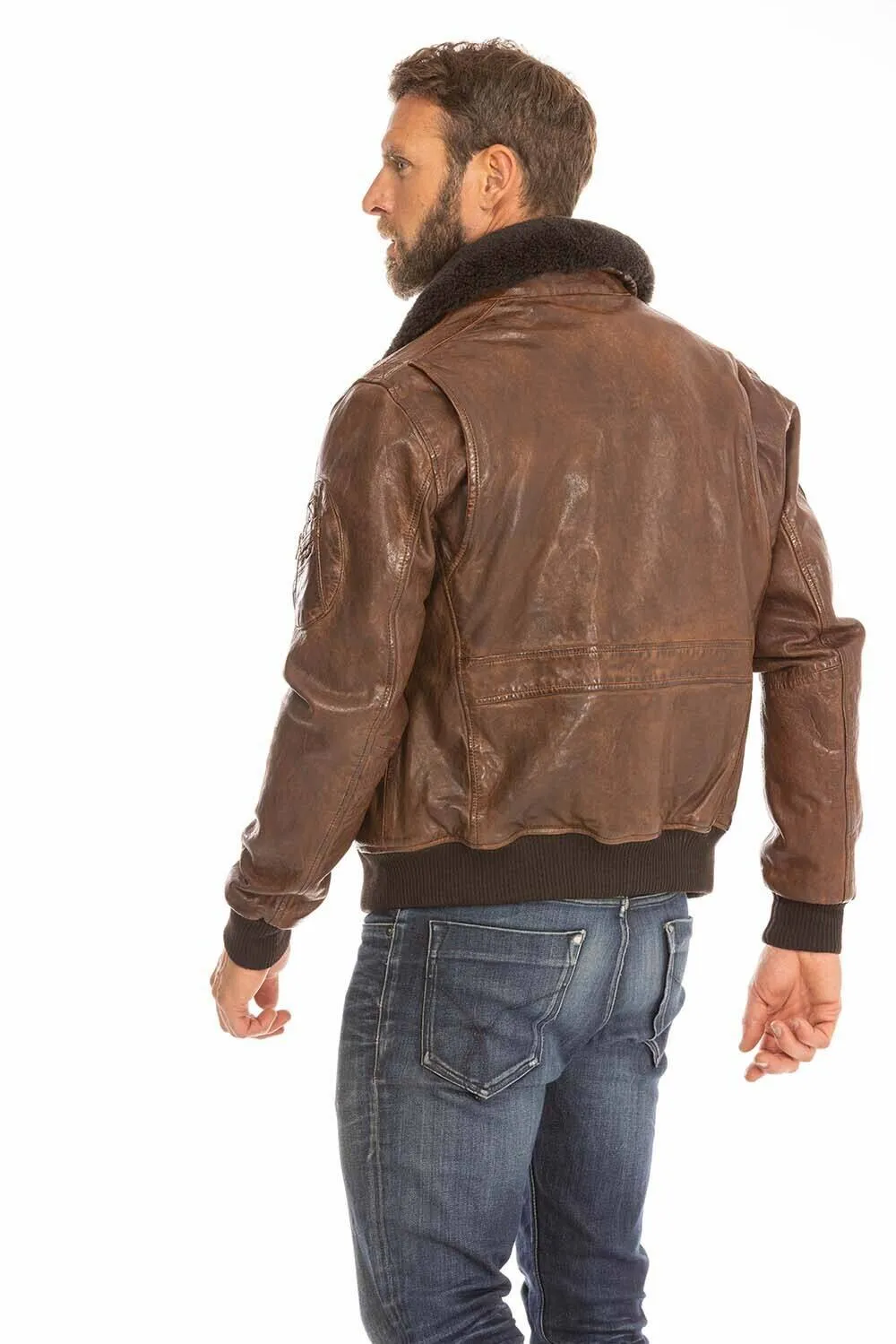 Men's leather jacket in cognac aviator style 102421