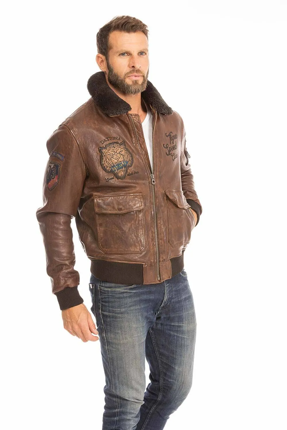 Men's leather jacket in cognac aviator style 102421