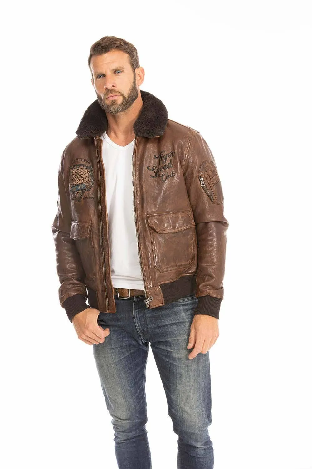 Men's leather jacket in cognac aviator style 102421