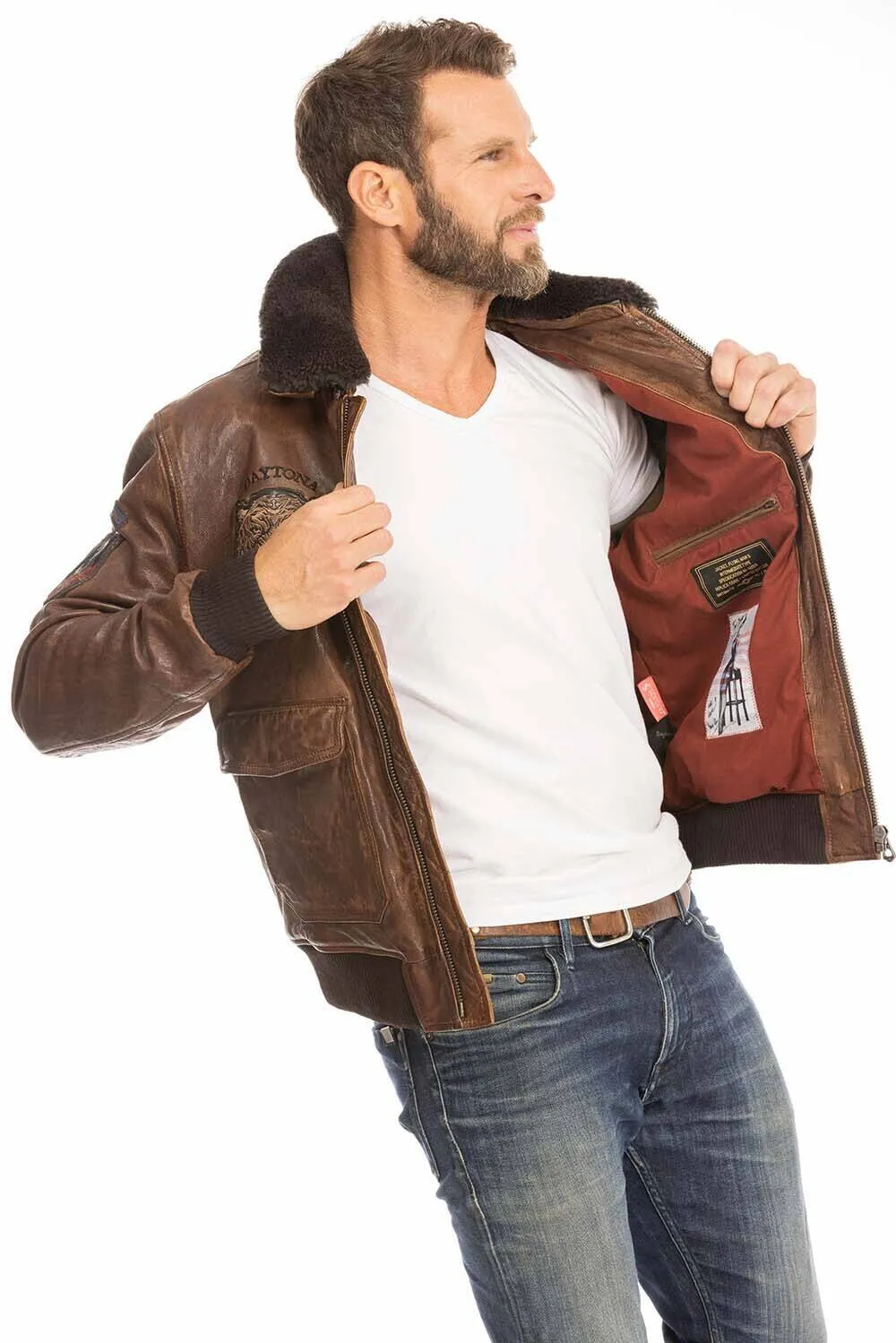 Men's leather jacket in cognac aviator style 102421