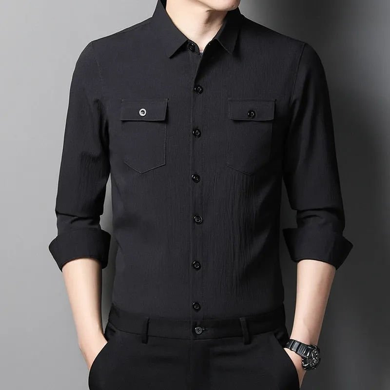 Men's Luxury Two Pocket Square Collar Casual Style Long Sleeve Shirt