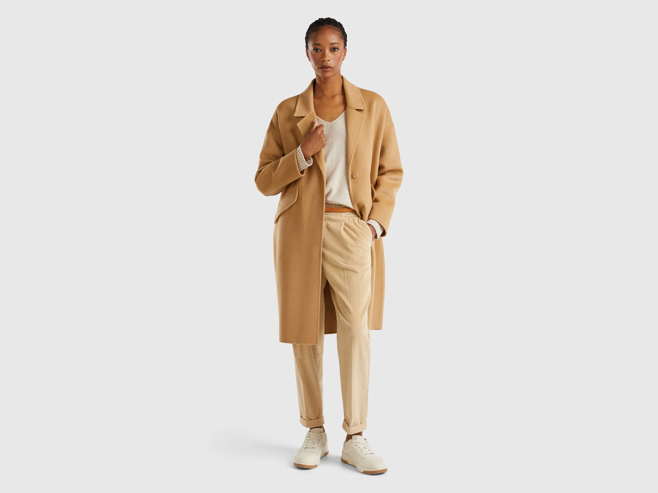 Midi coat in wool blend - Camel | Benetton