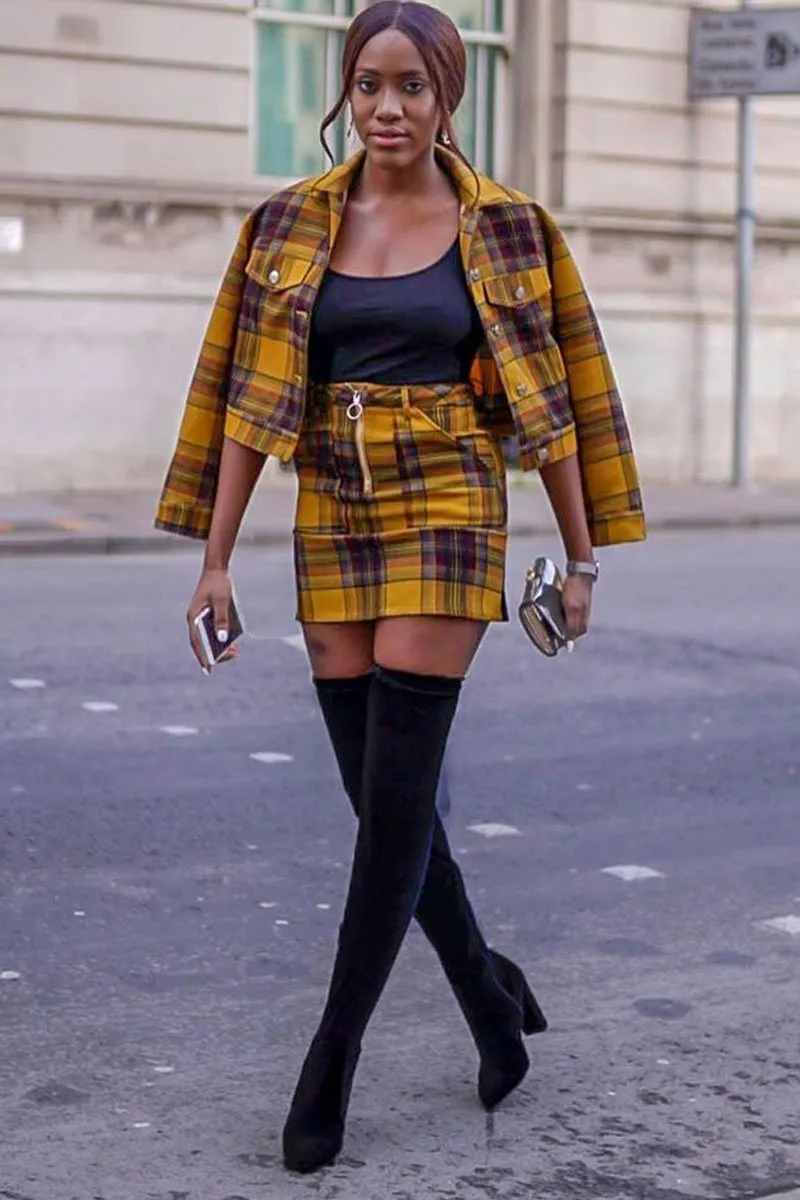 Mustard Check Crop Trucker Jacket And Skirt Co-ord - Abegail