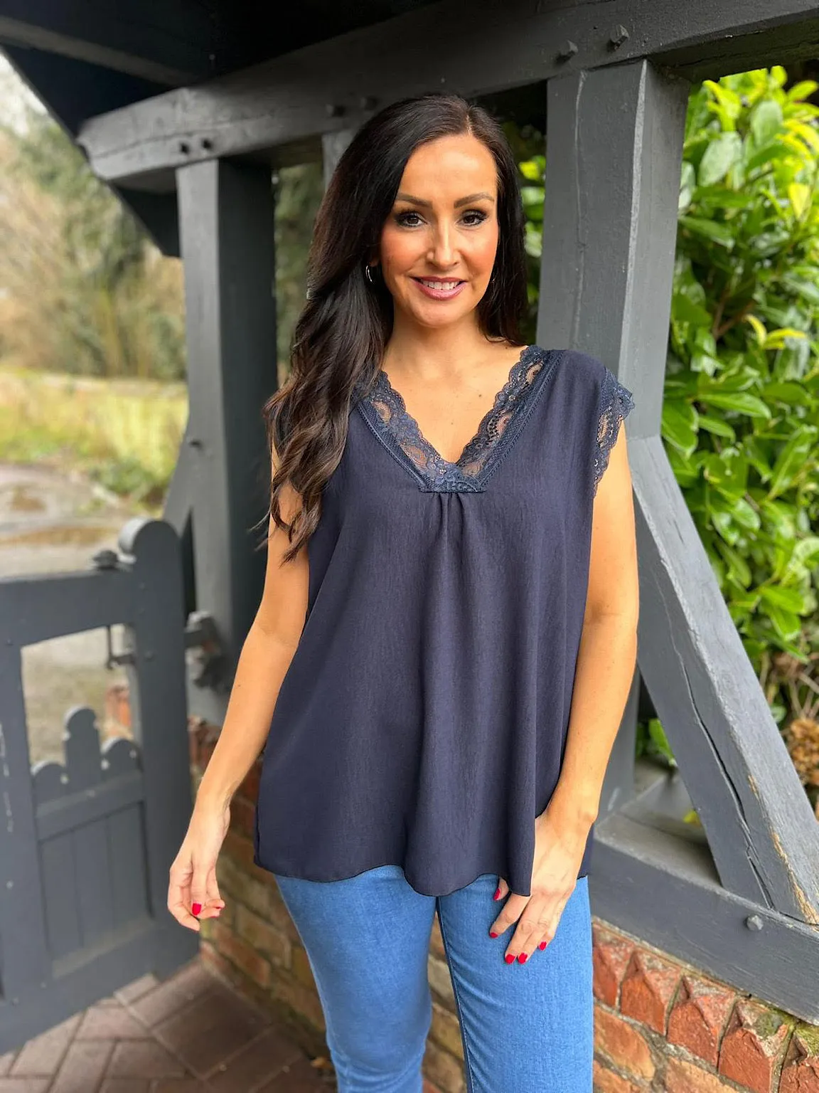 Navy V Neck Lace Trim Top Brianna