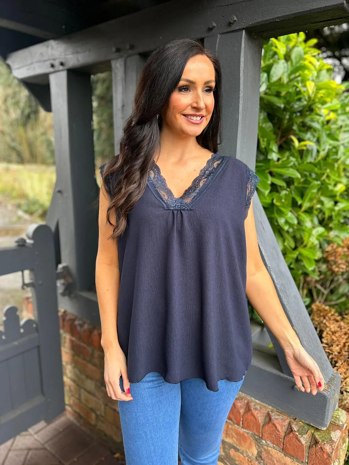 Navy V Neck Lace Trim Top Brianna