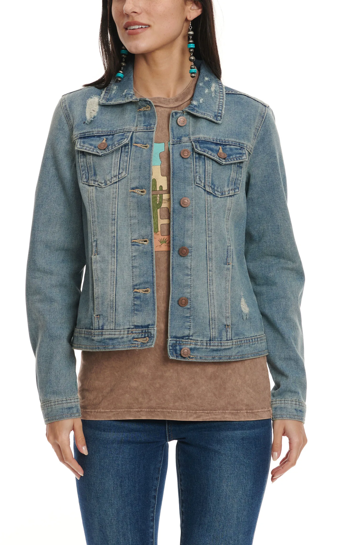 One5One Women's Light Stonewash Distressed Denim Jacket  