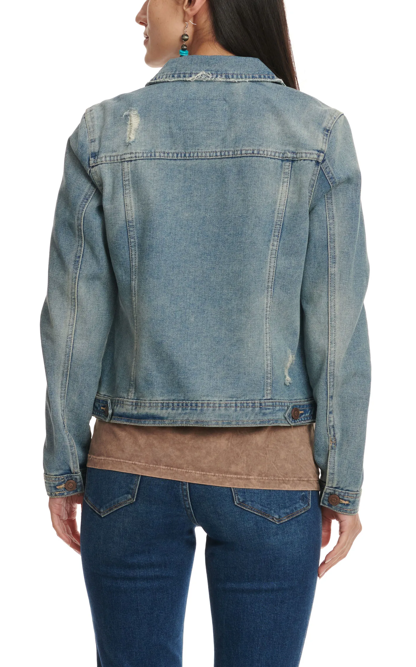 One5One Women's Light Stonewash Distressed Denim Jacket  