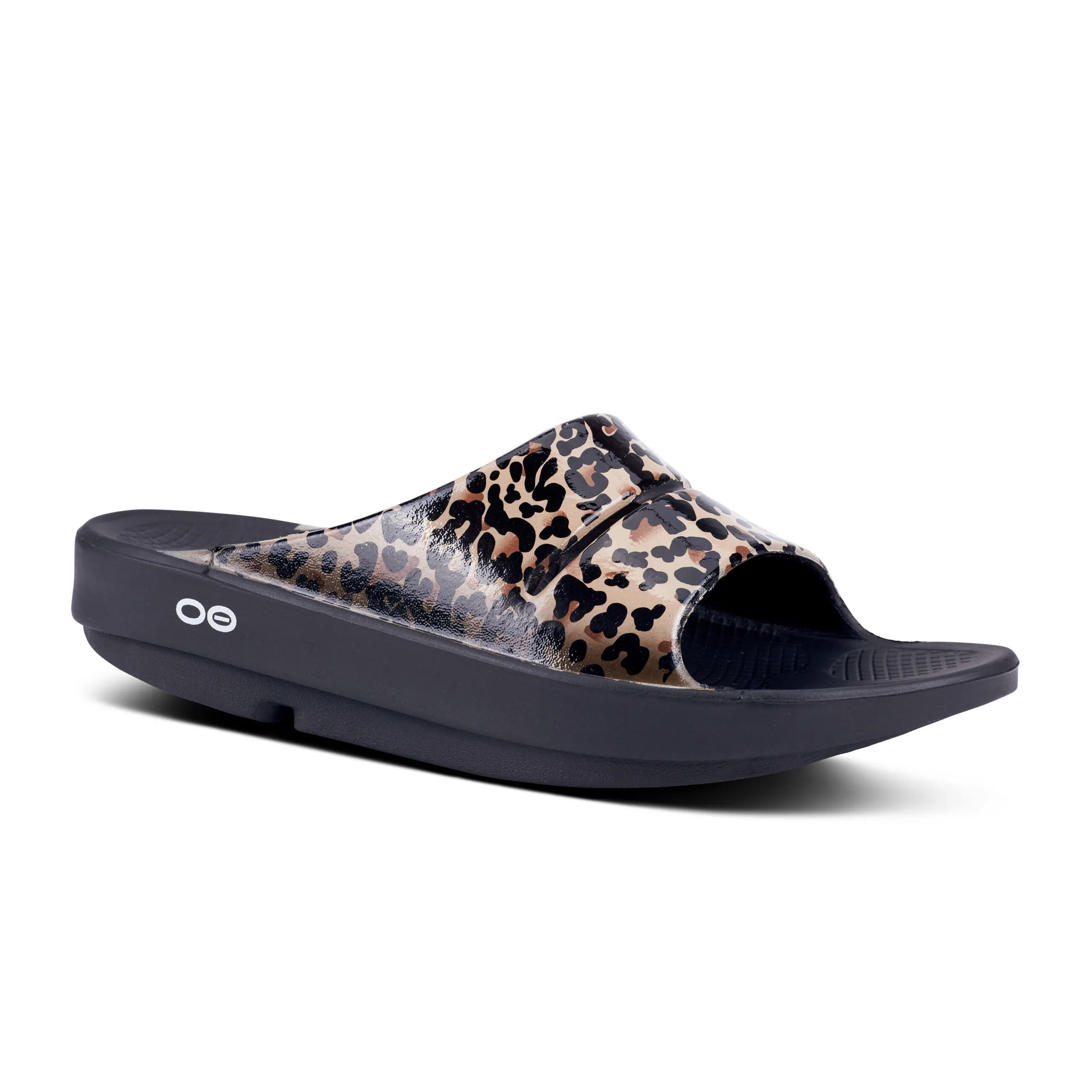 Oofos Womens Ooahh Luxe (1103) Slide Sandal – Black Leopard