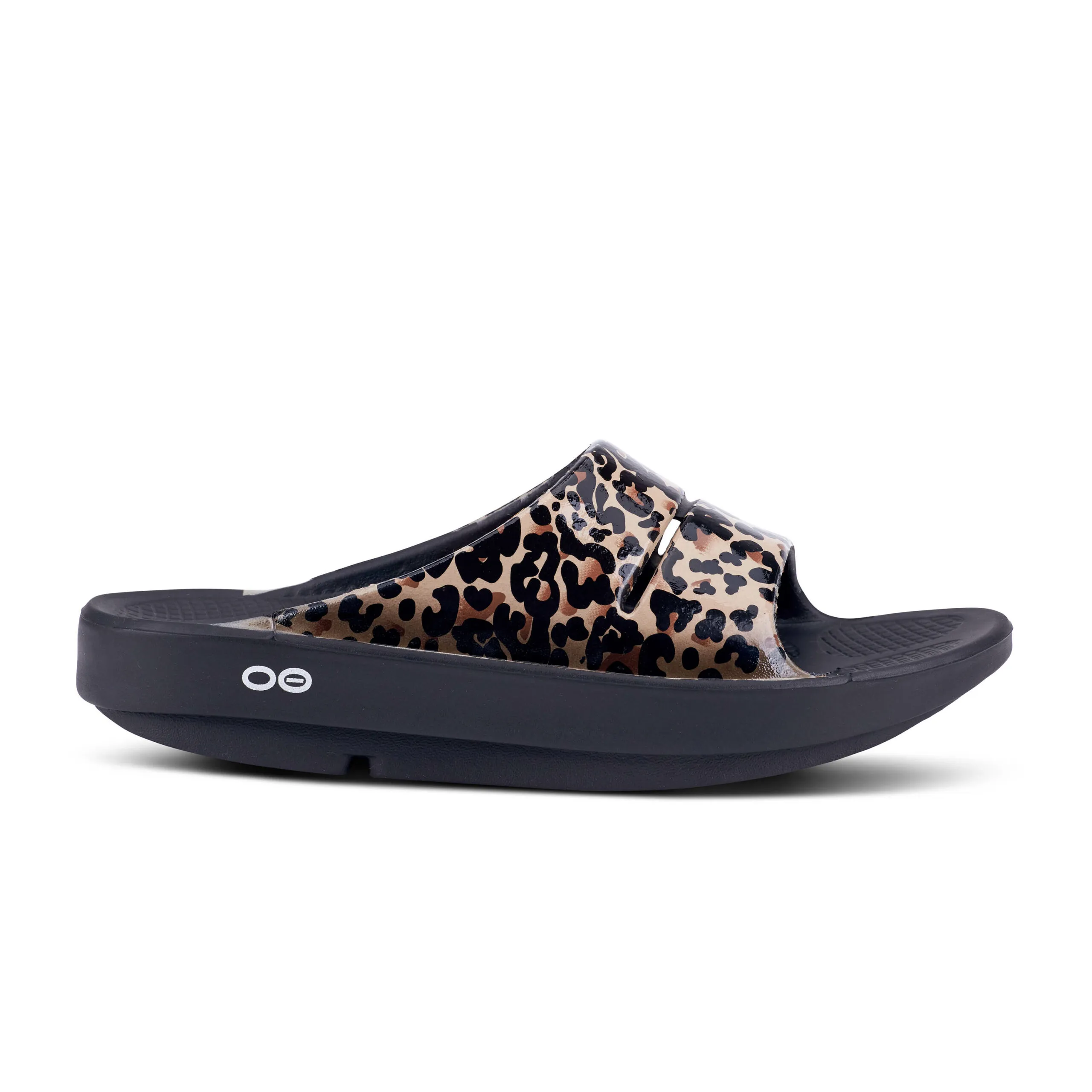 Oofos Womens Ooahh Luxe (1103) Slide Sandal – Black Leopard