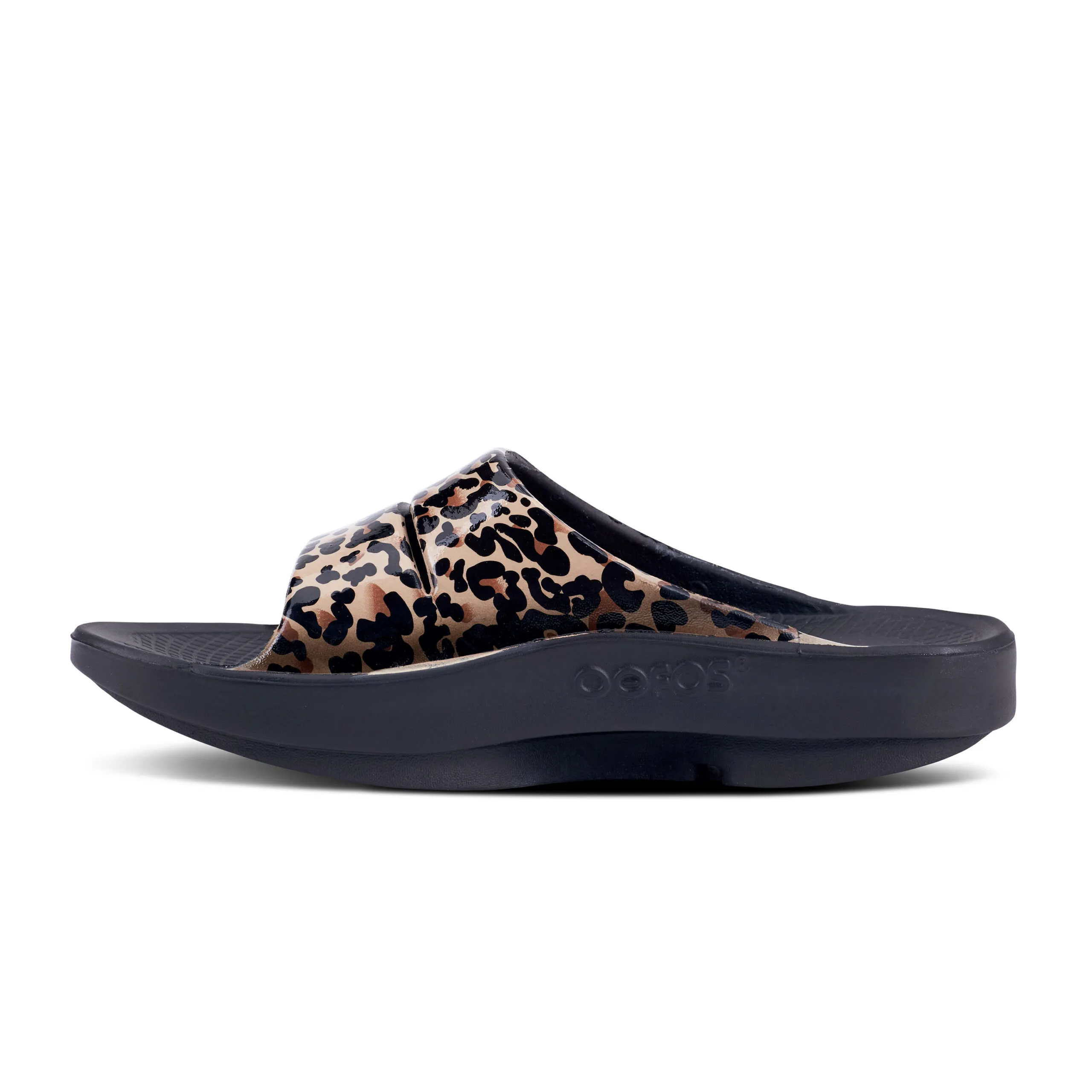 Oofos Womens Ooahh Luxe (1103) Slide Sandal – Black Leopard