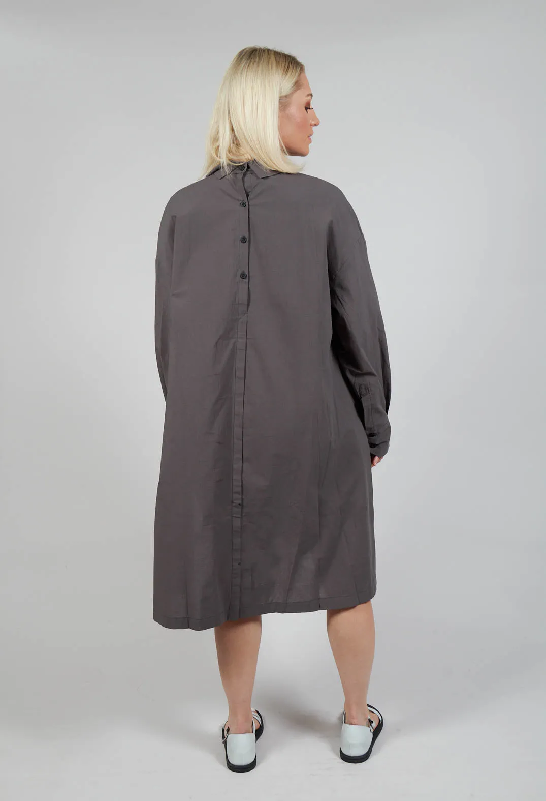 Pleated Neckline Shirt Dress in Grey