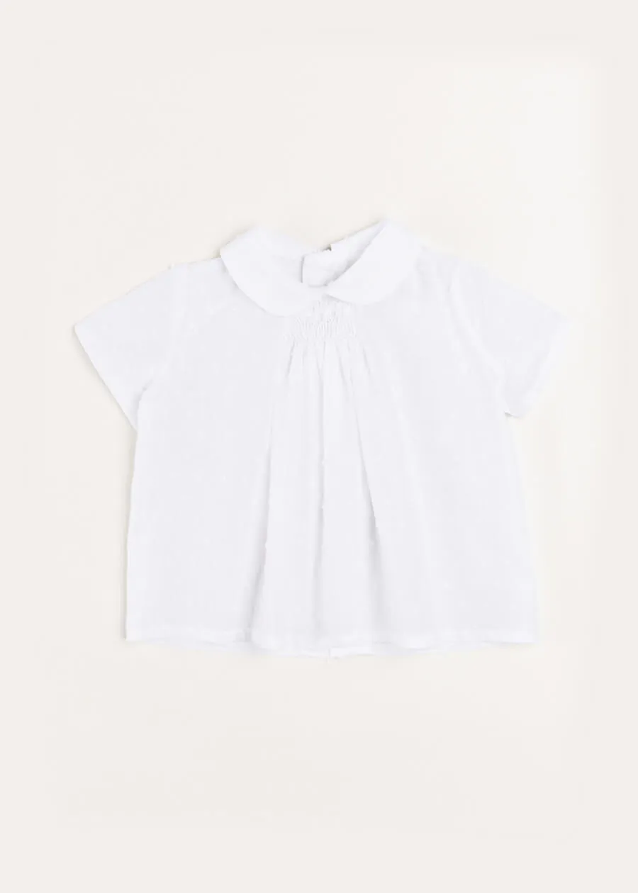 Plumetti Handsmocked Short Sleeve Blouse in White (1-6mths)