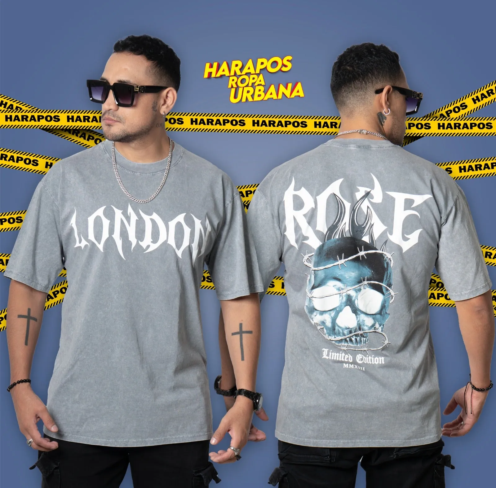 Polera Rose London oversize letras blanca london plomo