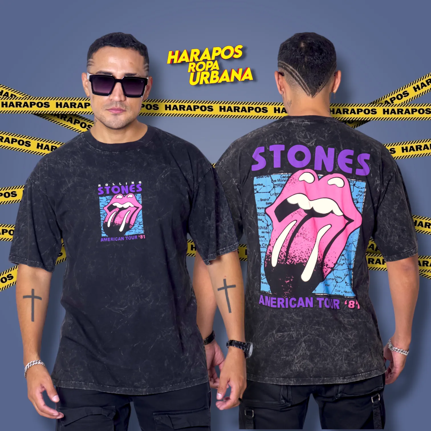 Polera Rose London oversize rolling stones negra taidai