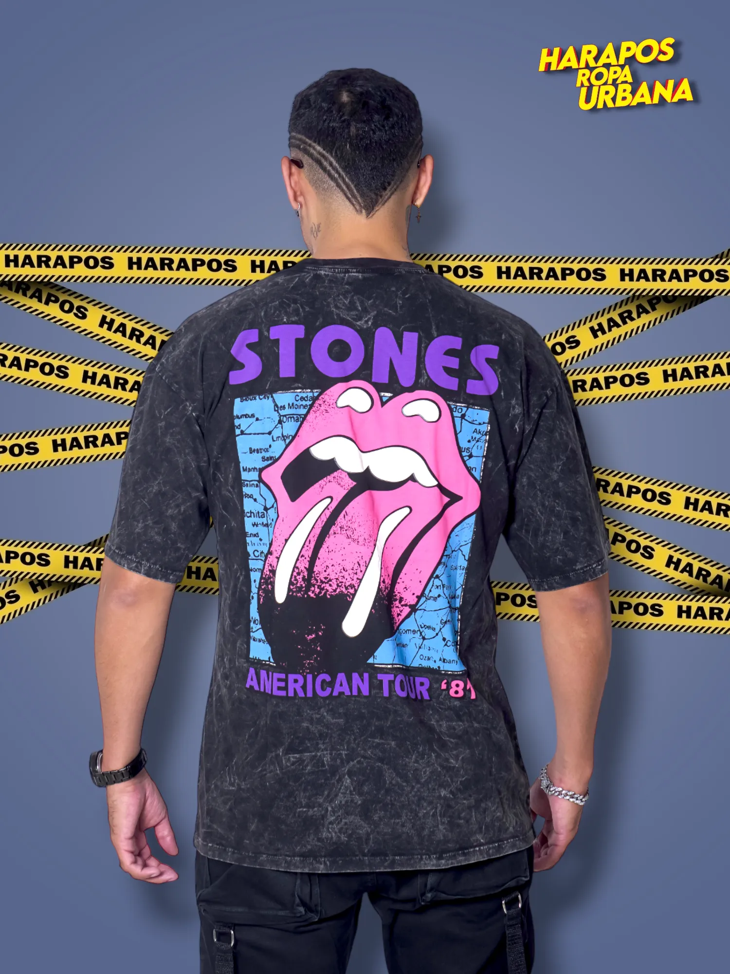 Polera Rose London oversize rolling stones negra taidai