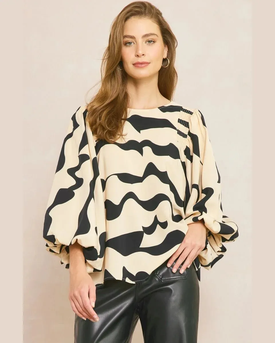 Printed Balloon Sleeve Top