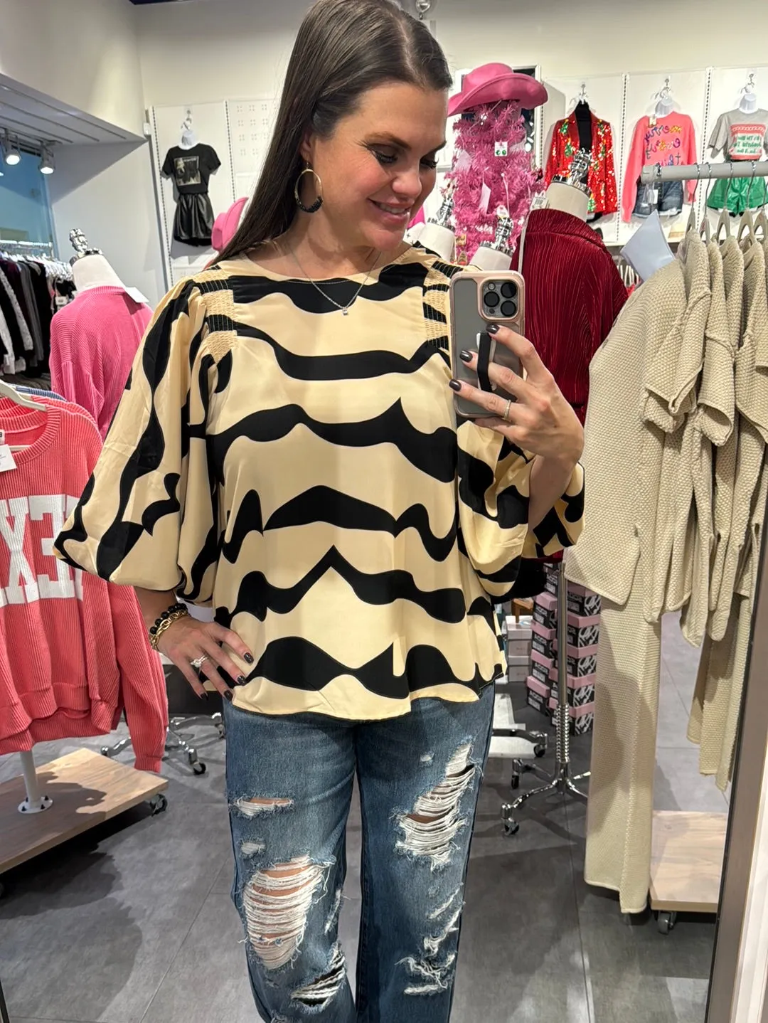 Printed Balloon Sleeve Top