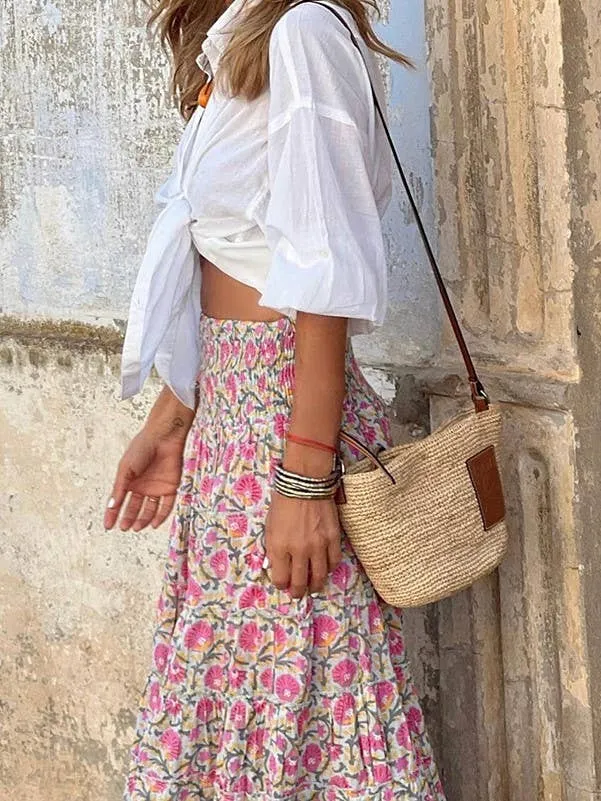 Printed Elastic Waistband Waist Swing Resort Skirt