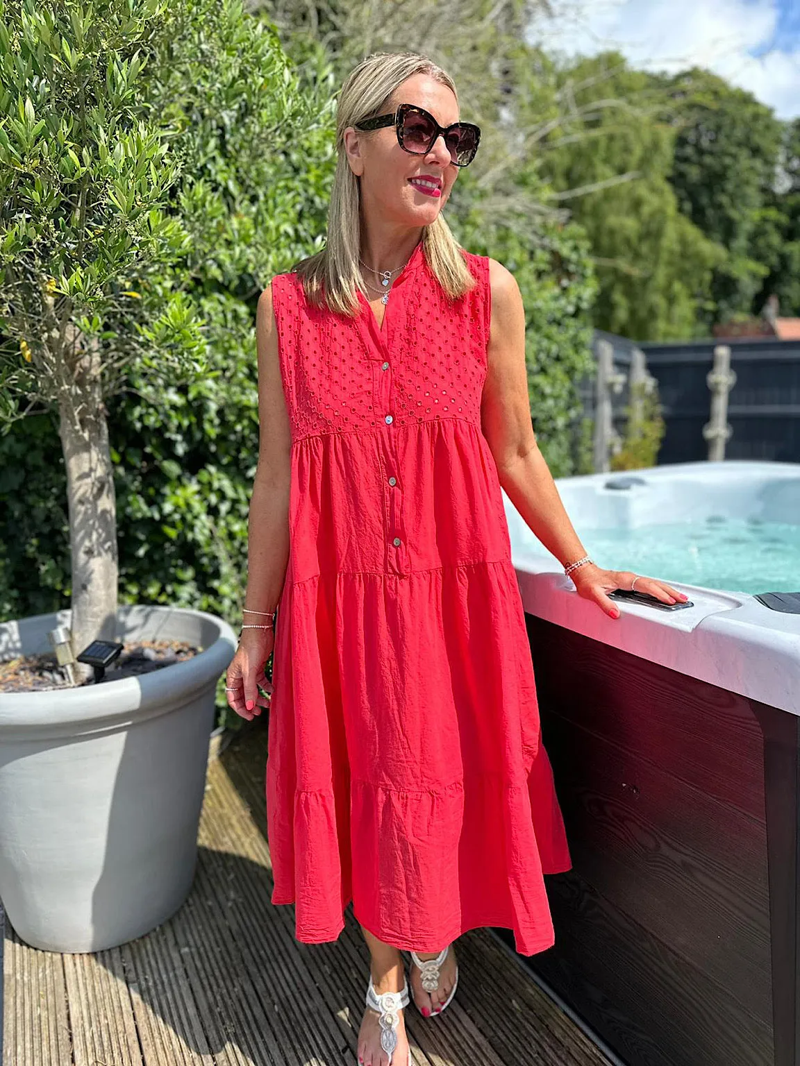 Red Sleeveless Broderie Tiered Dress Alison