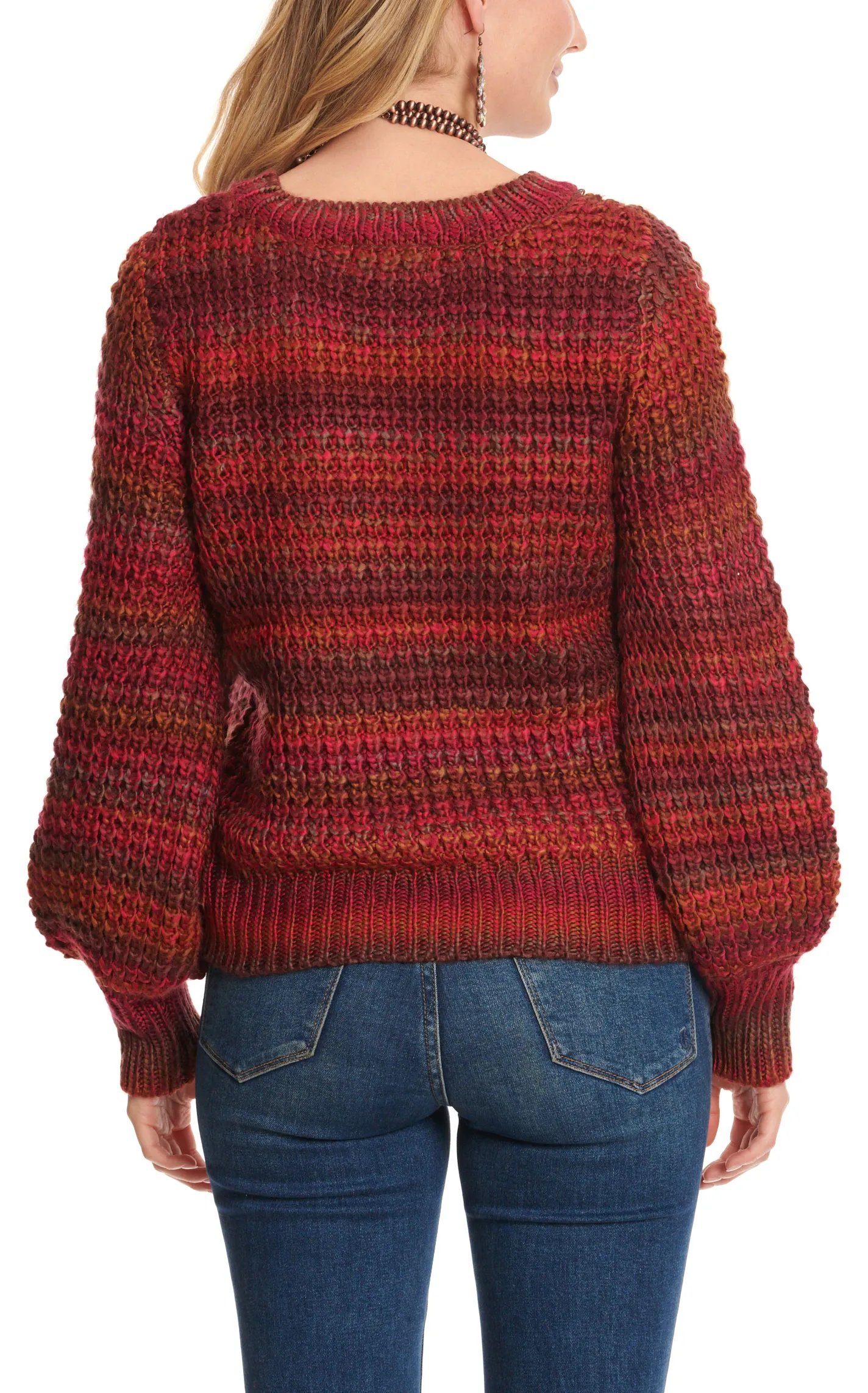 Rockin' C Women's Rich Multicolor Long Puff Sleeve Textured Knit Sweater 