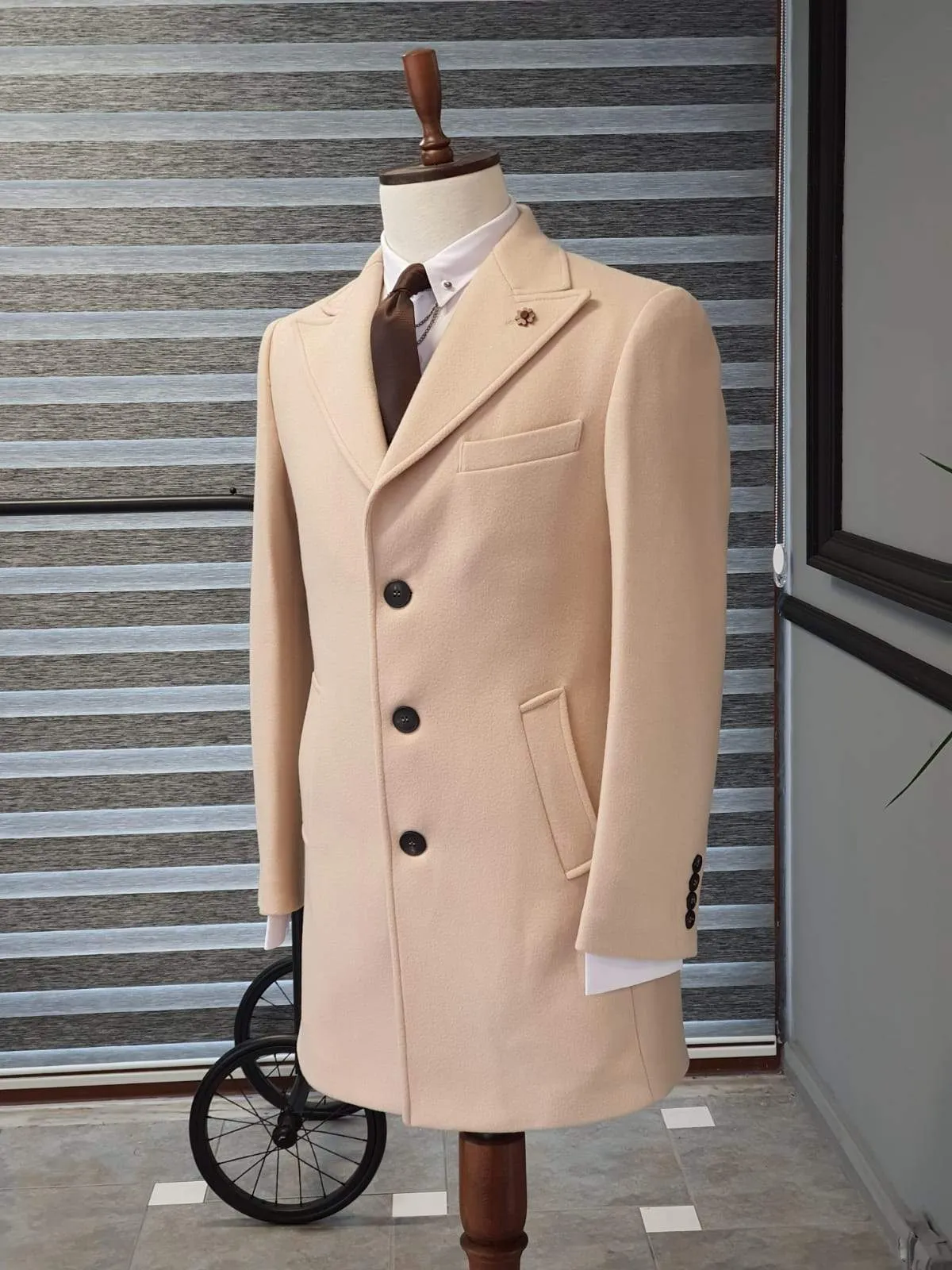 Saponi Beige Slim Fit Wool Long Coat