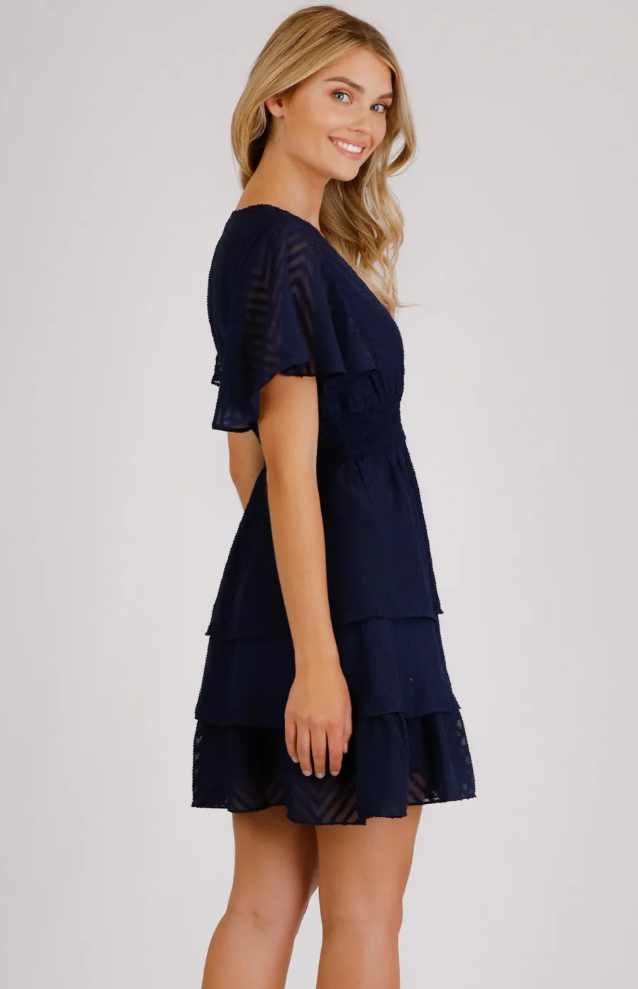 Shirred Waist Textured Dress with Layered Hem (SDR711B)