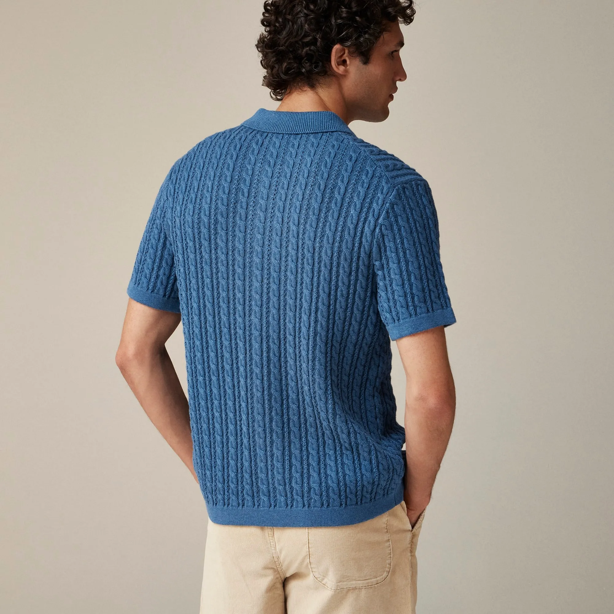 Short-sleeve cotton cable-knit polo cardigan sweater