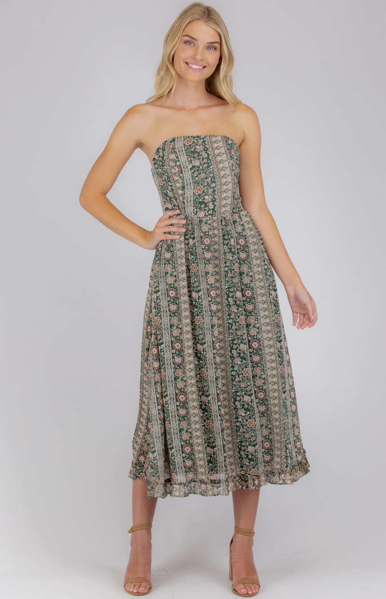 Strapless Printed Dress with Frill Hem (SDR663B)