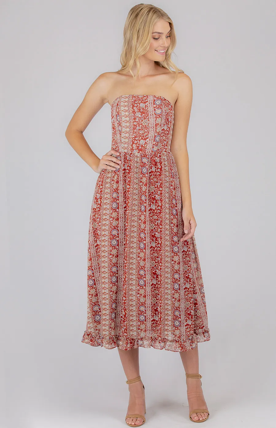 Strapless Printed Dress with Frill Hem (SDR663B)