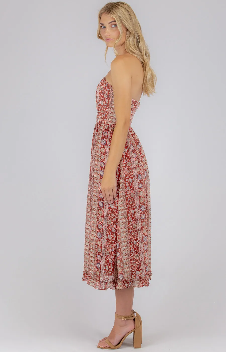 Strapless Printed Dress with Frill Hem (SDR663B)