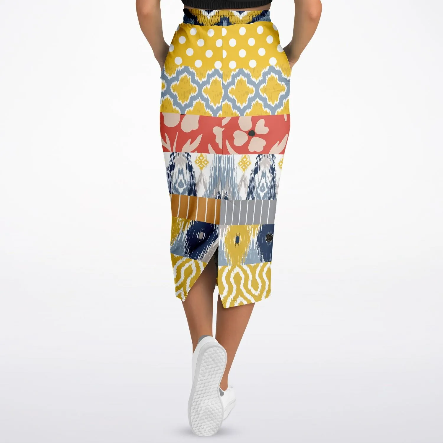 Tallulah Bankhead Yellow Ikat Patchwork Eco-Poly Long Pocket Skirt