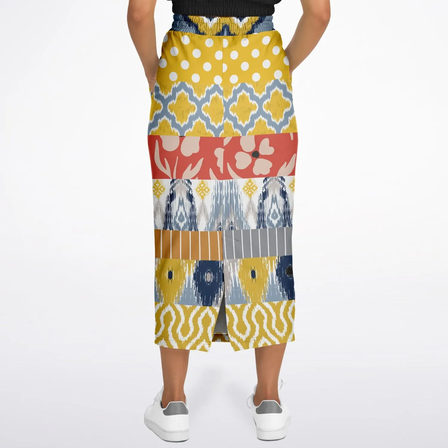 Tallulah Bankhead Yellow Ikat Patchwork Eco-Poly Long Pocket Skirt