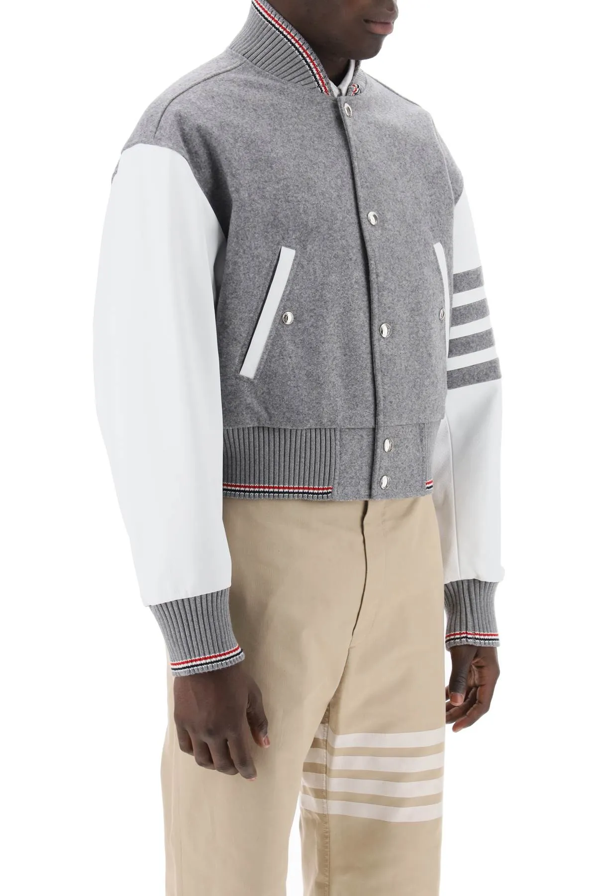 Thom browne wool bomber jacket with leather sleeves and