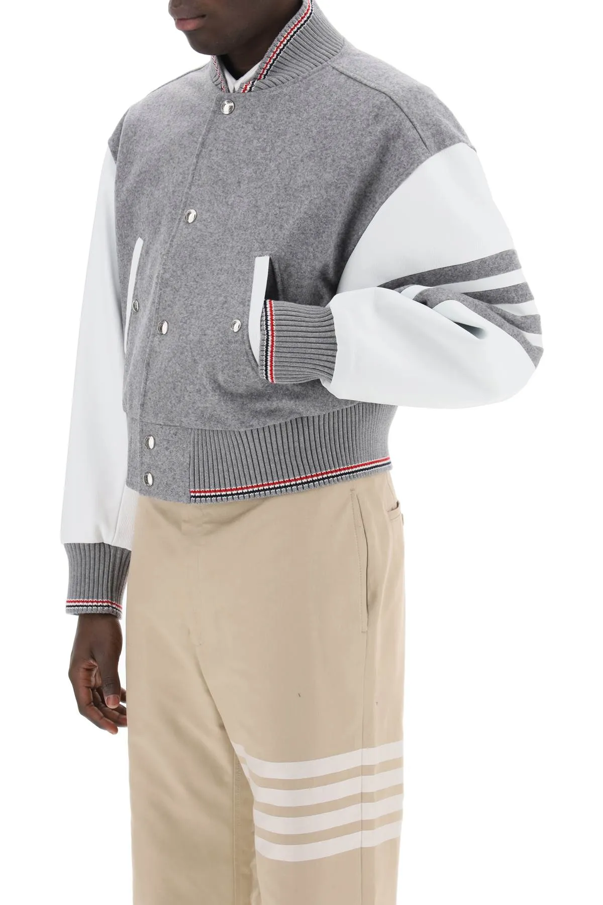 Thom browne wool bomber jacket with leather sleeves and