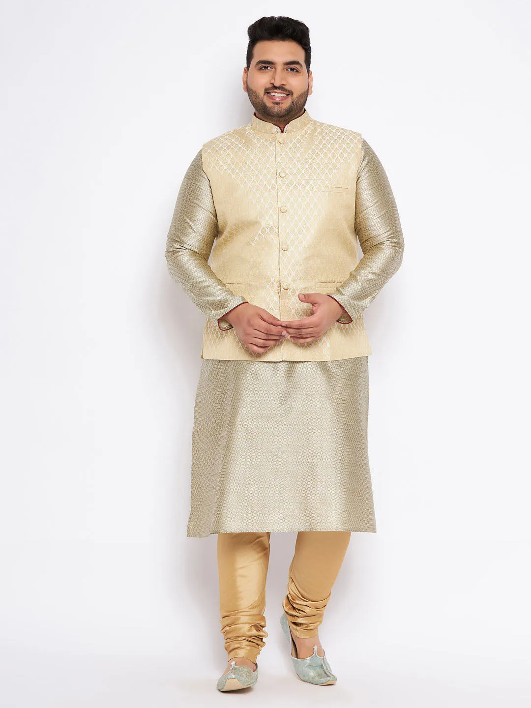 VASTRAMAY Men's Plus Size Cream Ethnic Cream Jacket With Beige Silk Blend Kurta and Golden Pyjama Set