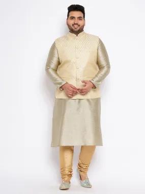 VASTRAMAY Men's Plus Size Cream Ethnic Cream Jacket With Beige Silk Blend Kurta and Golden Pyjama Set