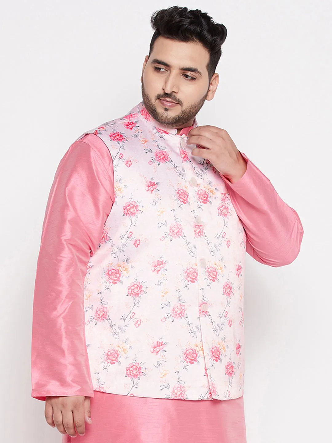 VASTRAMAY Men's Plus Size Peach Floral Print Silk Blend Nehru Jacket