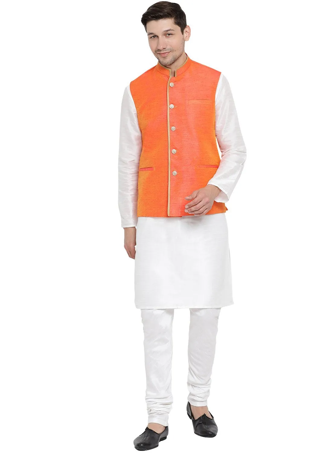 VASTRAMAY Men's White Cotton Silk Blend Kurta, Ethnic Jacket and Pyjama Set