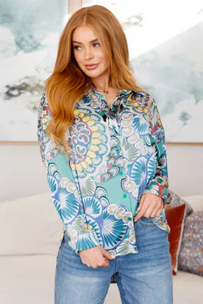 Willa Button Up Blouse in Teal Paisley