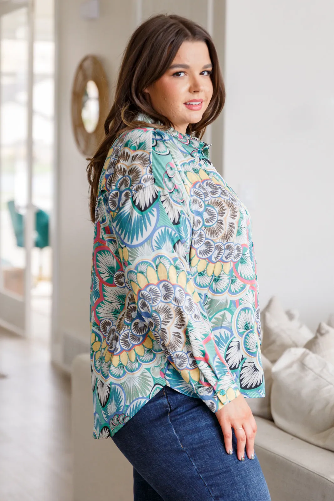 Willa Button Up Blouse in Teal Paisley