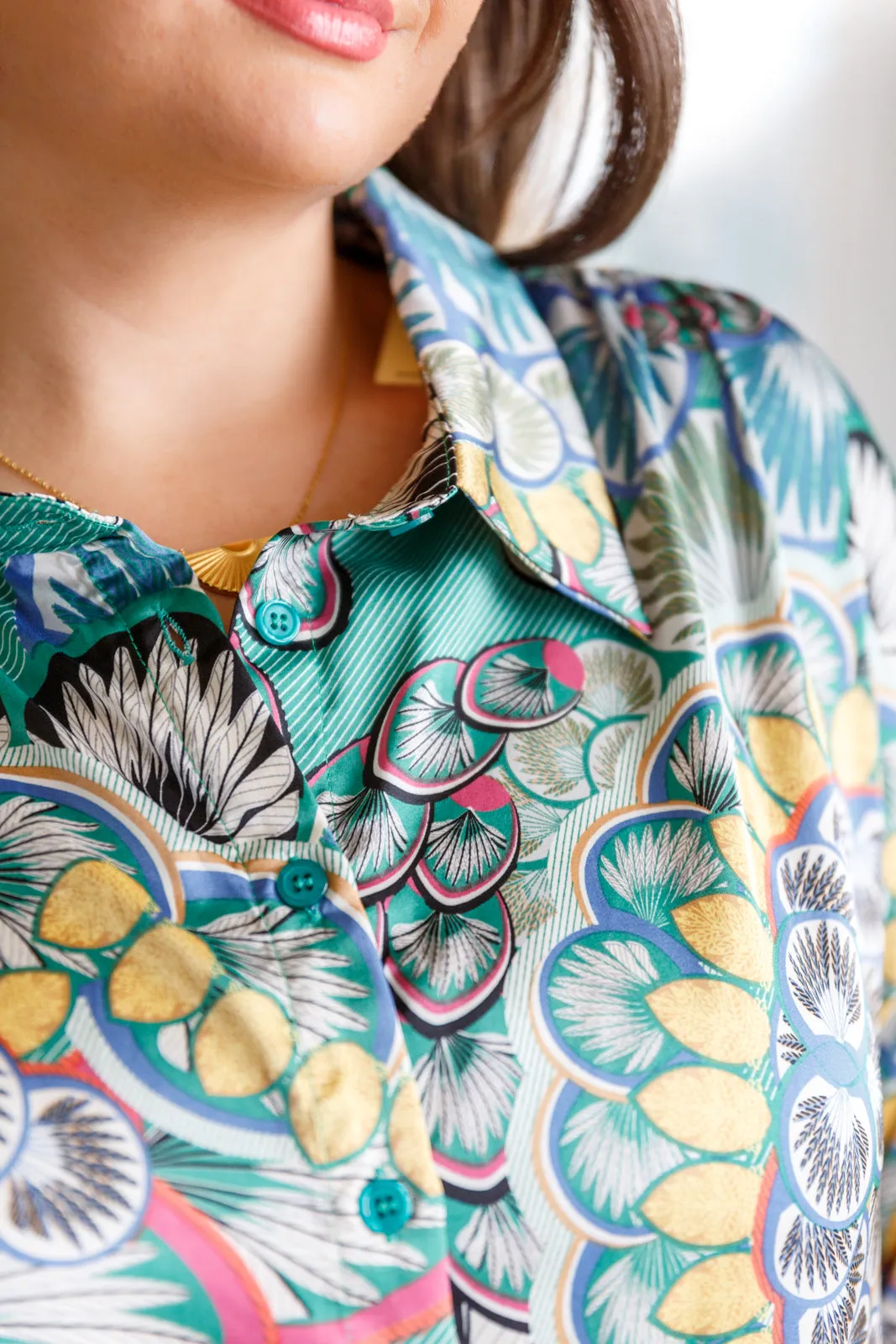 Willa Button Up Blouse in Teal Paisley