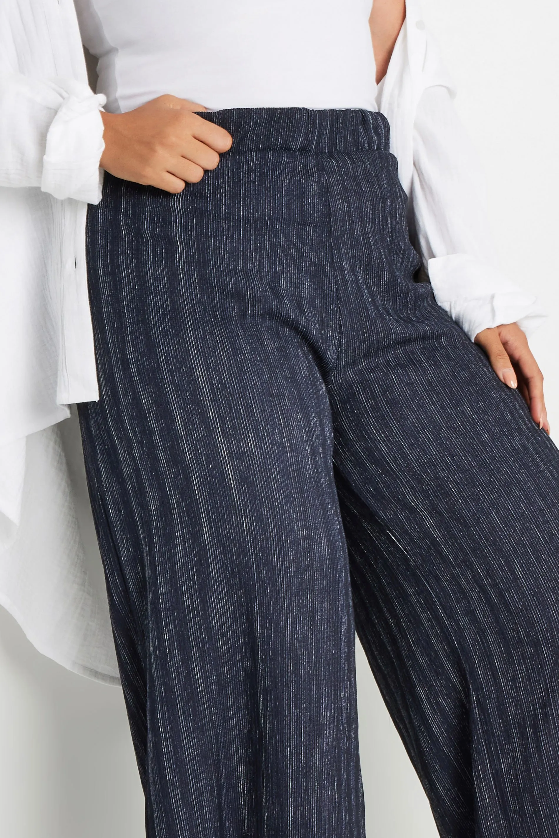 YOURS Curve Navy Blue Textured Wide Leg Trousers