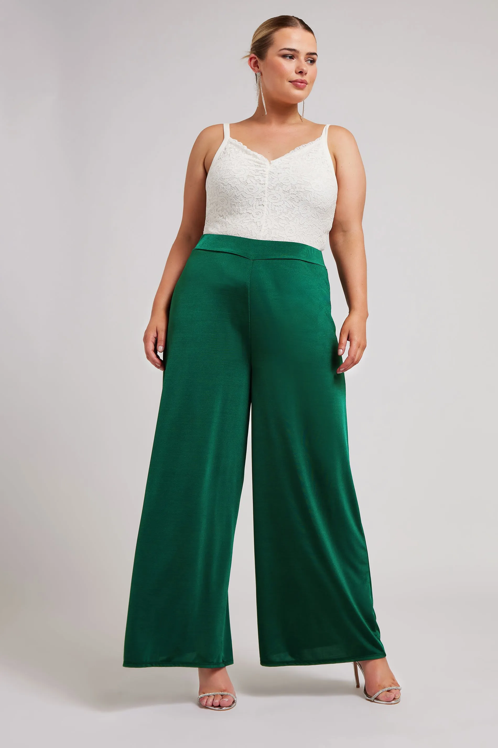 YOURS LONDON Curve Emerald Green Slinky Wide Leg Trousers