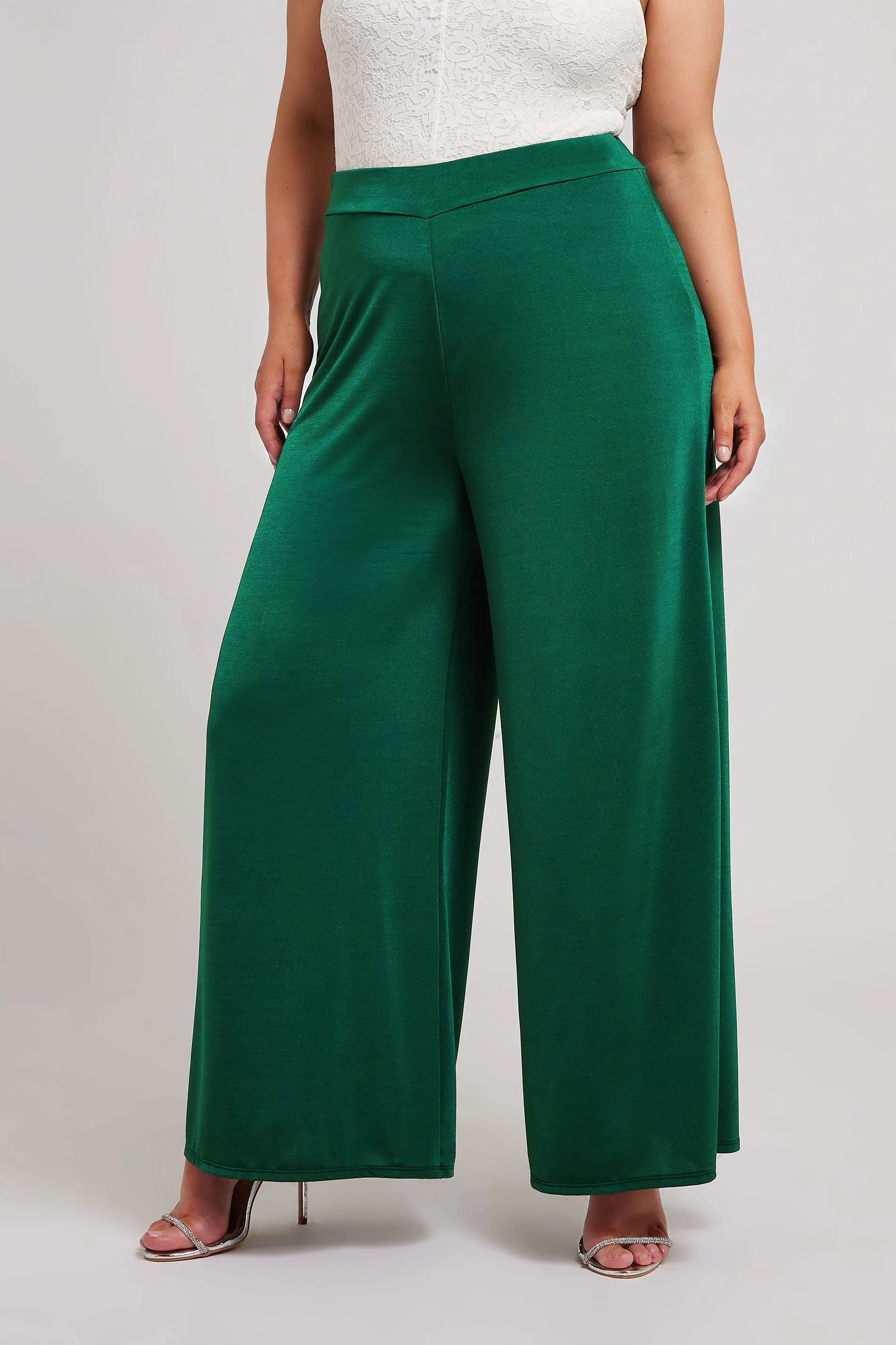 YOURS LONDON Curve Emerald Green Slinky Wide Leg Trousers