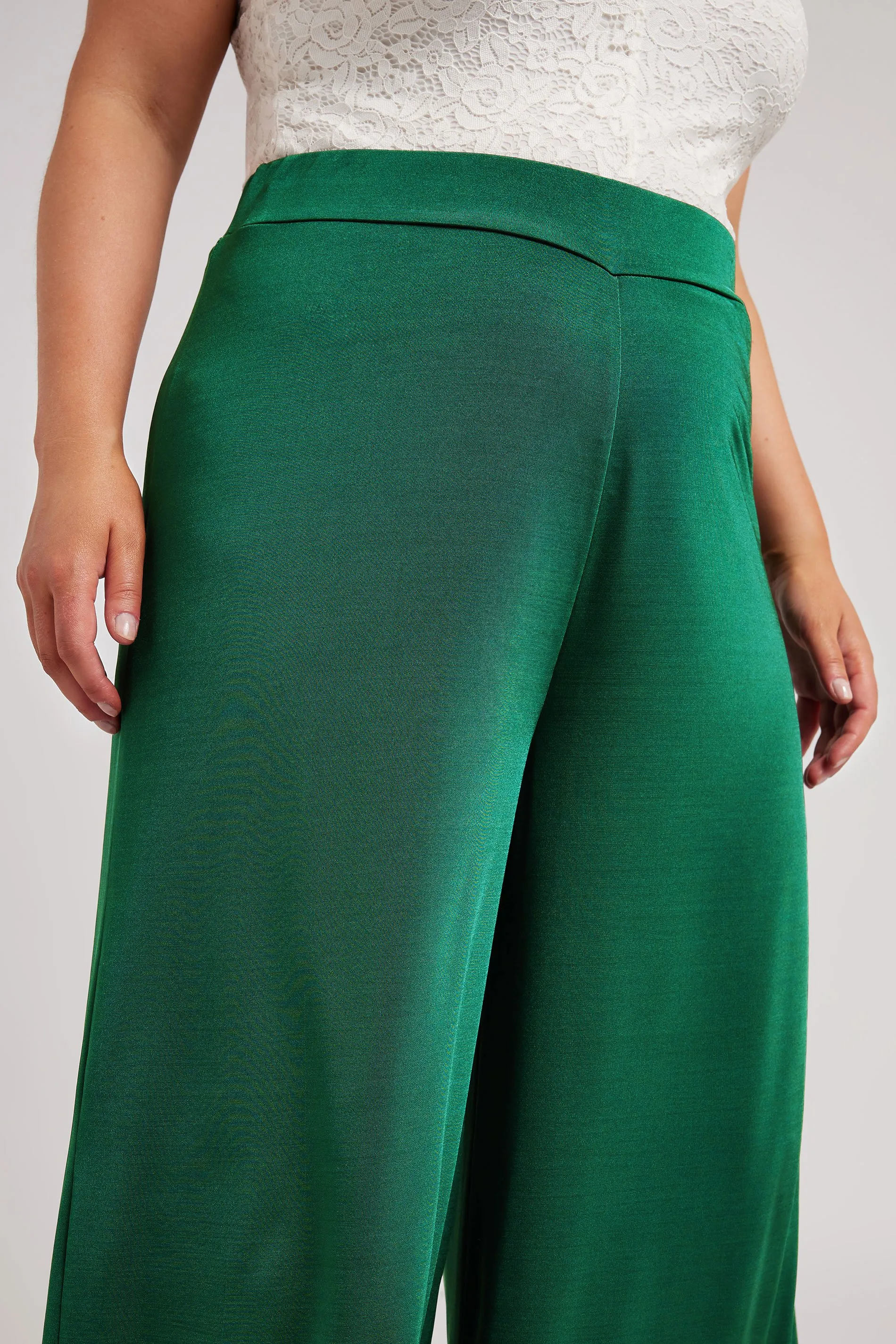 YOURS LONDON Curve Emerald Green Slinky Wide Leg Trousers